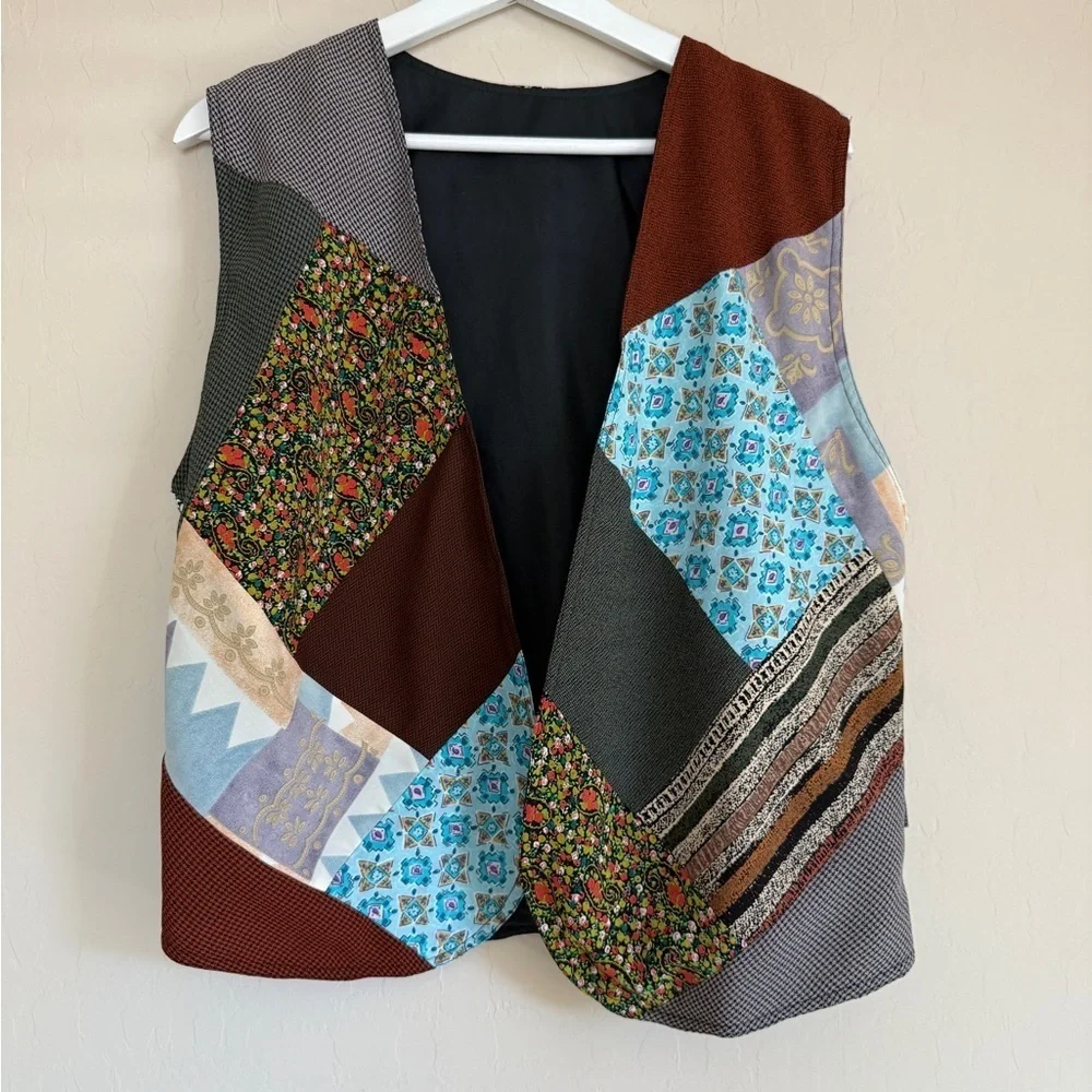 Patchwork Relaxed Fit Casual Vest Boho Southwestern Retro Prints Funky Hand Made